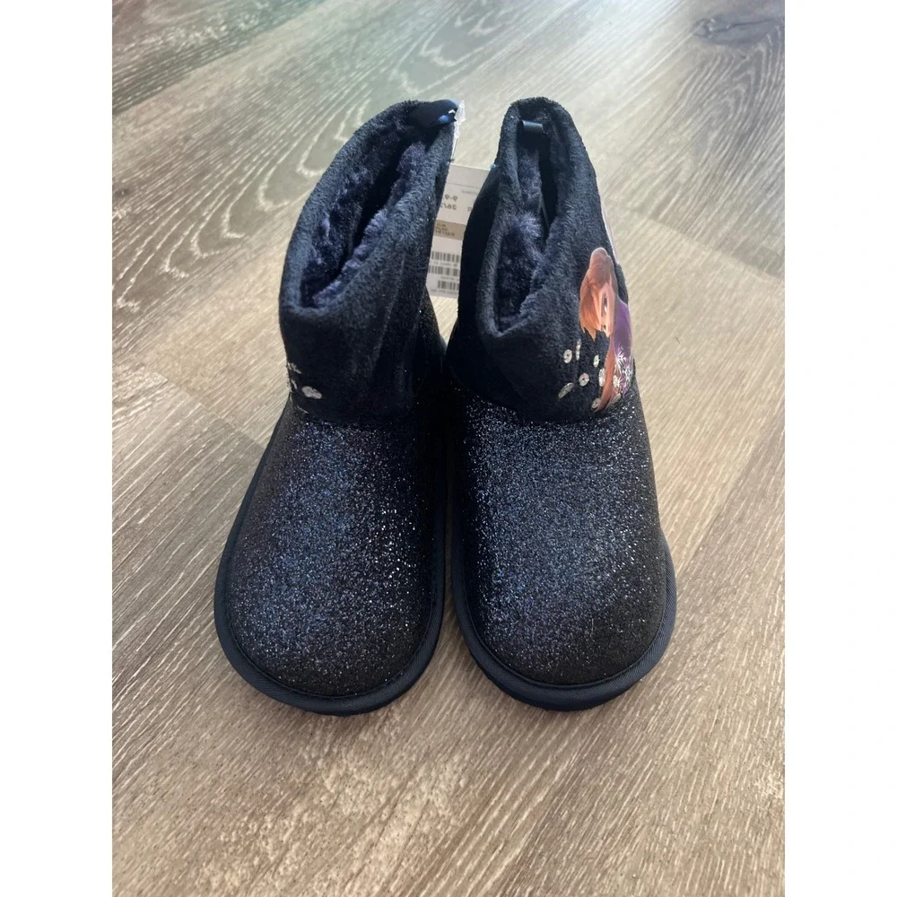 NEW H&M Boots Kids 9-9.5 Navy Blue  Frozen Anna Elsa Glitter Faux Fur Lining